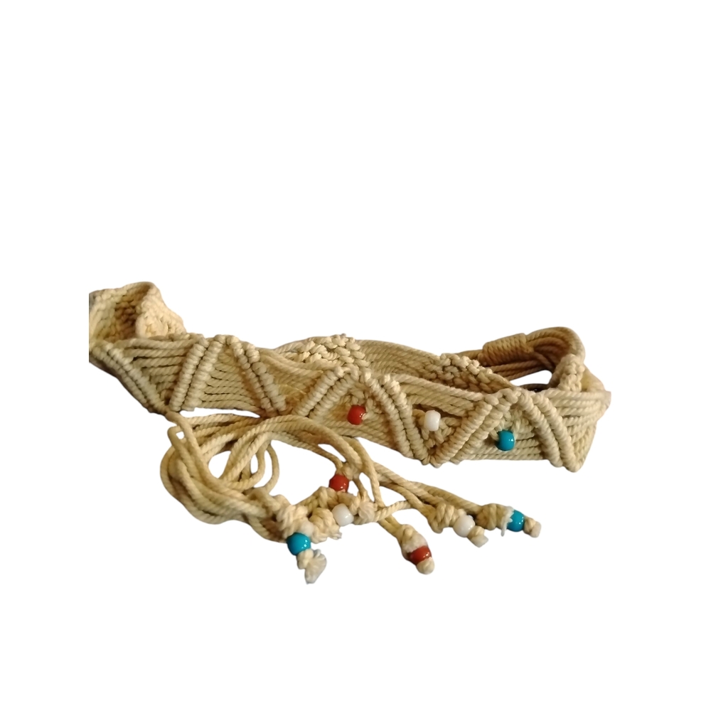 Handcrafted Macrame Belt Cream Bead Accents Bohemian Featival Chic 70s Disco OS
